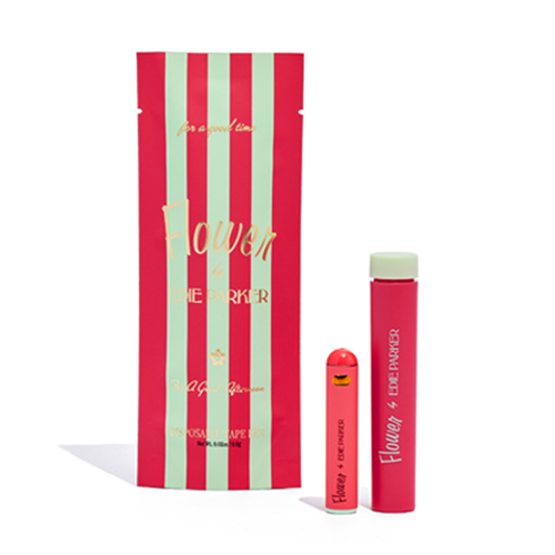 Edie Parker Flower disposable vape in lemon watermelon flavor with pink and mint striped packaging, available at Midnight Greens Dispensary.