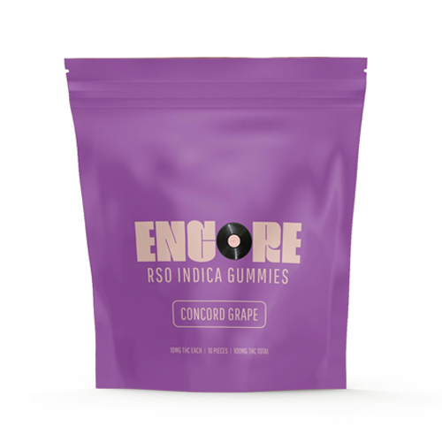 Encore RSO Indica Gummies in Concord Grape flavor, shown in a purple pouch with 100mg THC total, available at Midnight Greens Dispensary.