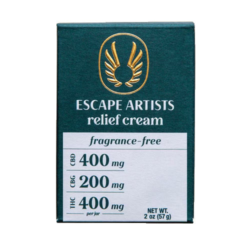 Escape Artists fragrance-free relief cream with 400mg CBD, 200mg CBG, and 400mg THC per jar, available at Midnight Greens Dispensary.