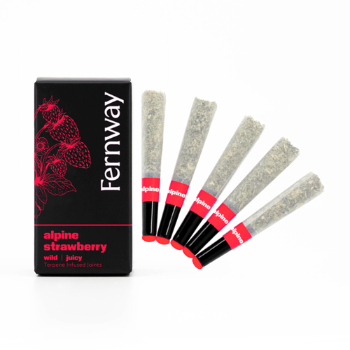 Fernway Alpine Strawberry pre-rolls with wild and juicy terpene-infused joints, shown with red and black packaging, available at Midnight Greens Dispensary.