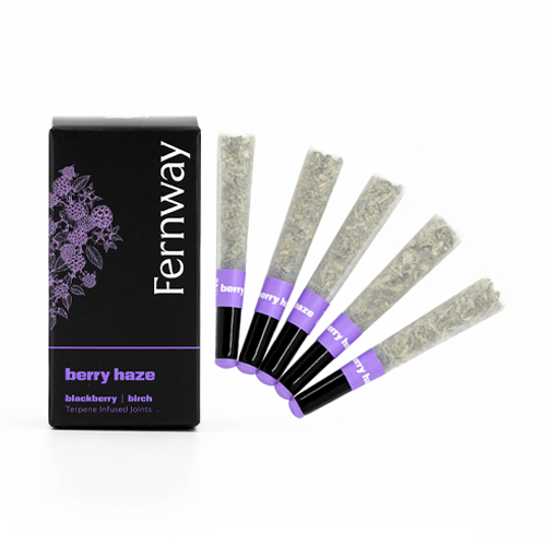 Fernway Berry Haze pre-rolls with terpene-infused joints in blackberry and birch flavor, shown with sleek black and purple packaging, available at Midnight Greens Dispensary.