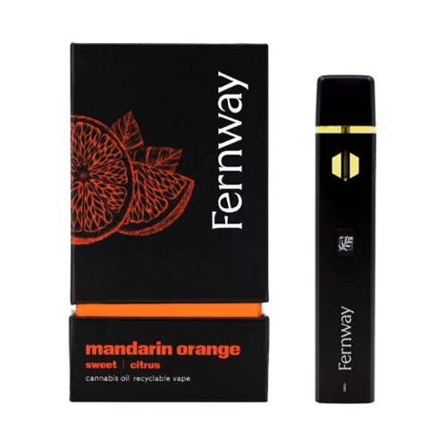 Fernway mandarin orange cannabis oil vape with citrus-themed black packaging and sleek recyclable device, available at Midnight Greens Dispensary.