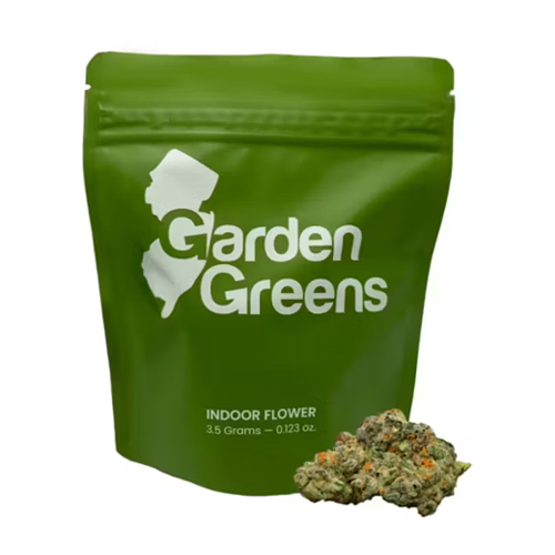 Garden Greens indoor cannabis flower with dense buds and green pouch packaging labeled 3.5 grams, available at Midnight Greens Dispensary.