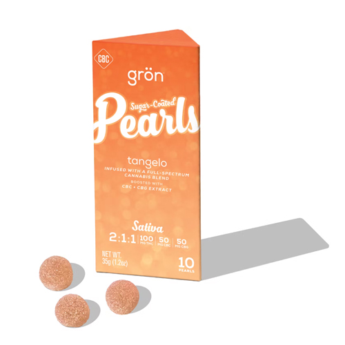 Grön Tangelo Sugar-Coated Pearls sativa gummies with CBC and CBG, shown in orange packaging with three round edibles, available at Midnight Greens Dispensary.