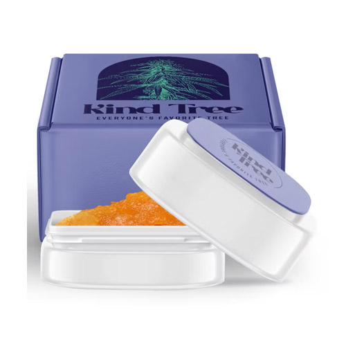 Kind Tree live resin concentrate in a white container with purple packaging, showcasing bright orange extract, available at Midnight Greens Dispensary.