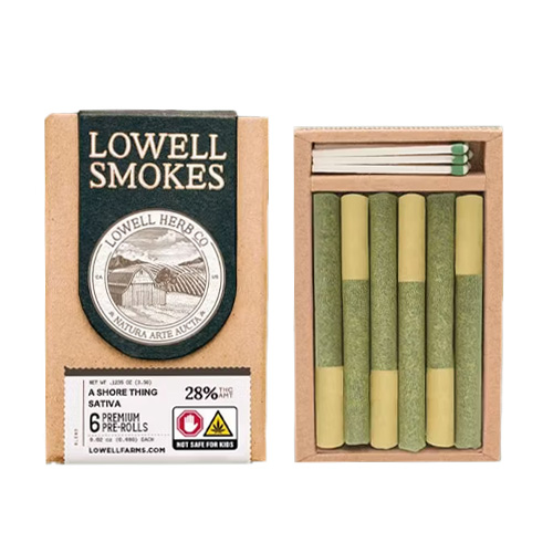 Lowell Smokes 'A Shore Thing' sativa pre-roll pack with six premium joints and matches in eco-friendly packaging, available at Midnight Greens Dispensary.