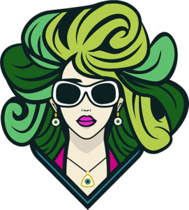 Stylized illustration of a woman with flowing green hair, sunglasses, and bold accessories—logo artwork for Midnight Greens Dispensary.