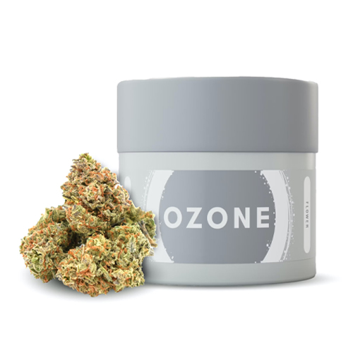 Ozone Banana Daddy cannabis flower with frosty buds and gray-labeled jar, available at Midnight Greens Dispensary.