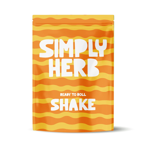 Simply Herb Ready to Roll Shake cannabis flower in vibrant orange and yellow striped pouch, available at Midnight Greens Dispensary.