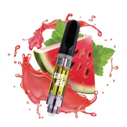 Simply Herb watermelon-flavored cannabis vape cartridge with juice splash and fruit background, available at Midnight Greens Dispensary.
