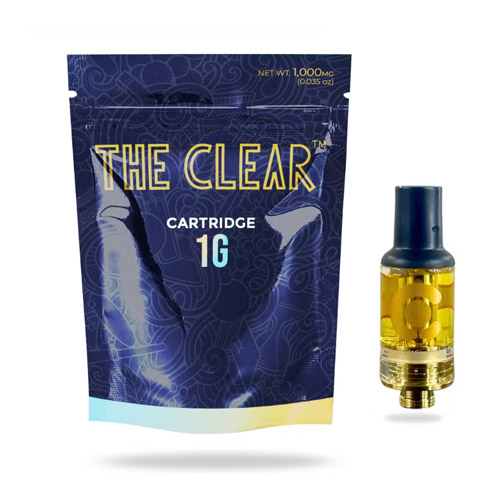 The Clear 1G cannabis vape cartridge with branded packaging, offered at Midnight Greens Dispensary.