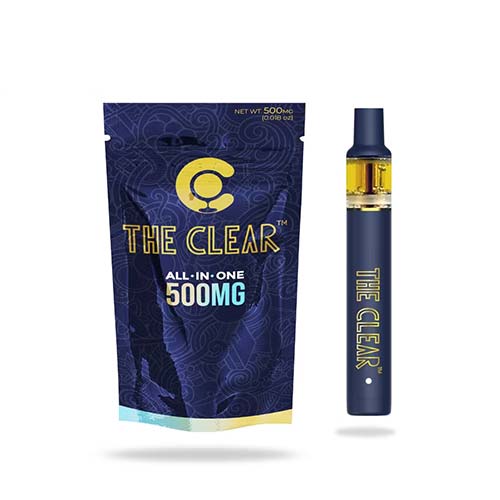 The Clear 500mg all-in-one vape pen and packaging, available at Midnight Greens Dispensary.